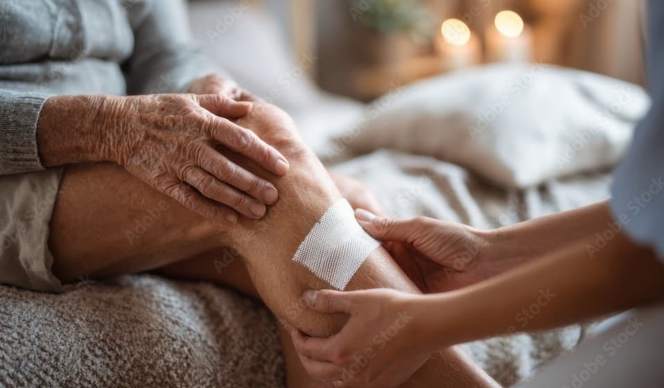 Wound care dressing applied to an older adult’s leg (wound care setting)